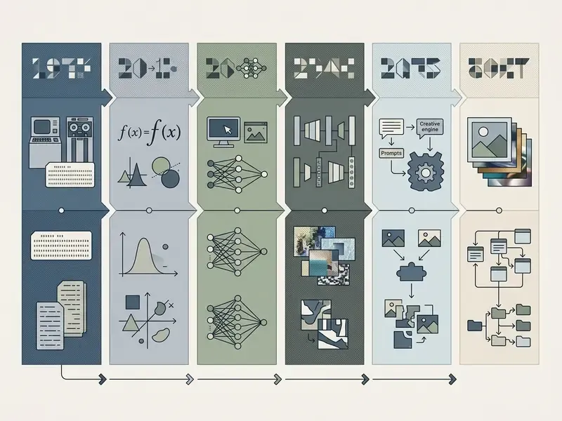 Chronological sequence of vertical panels illustrating the technical development of AI generated art