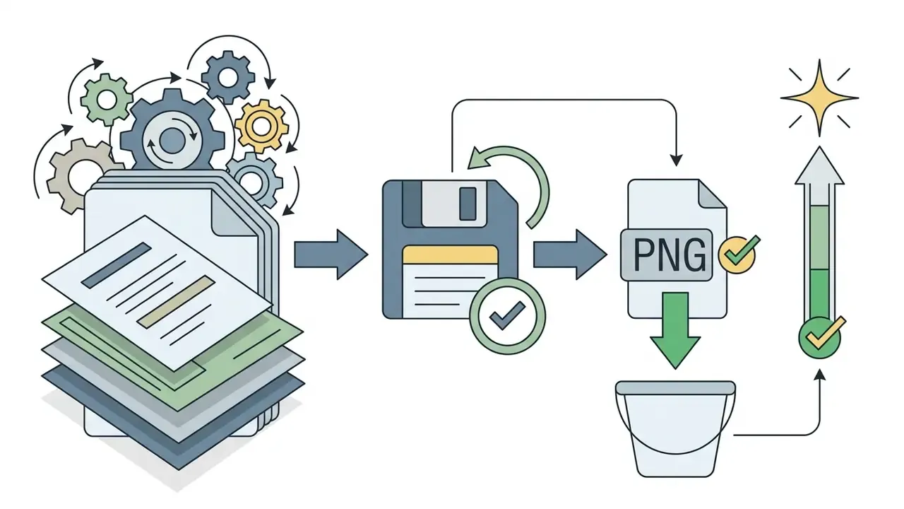Layered documents with gears moving to a save icon and a final PNG export with a progress indicator