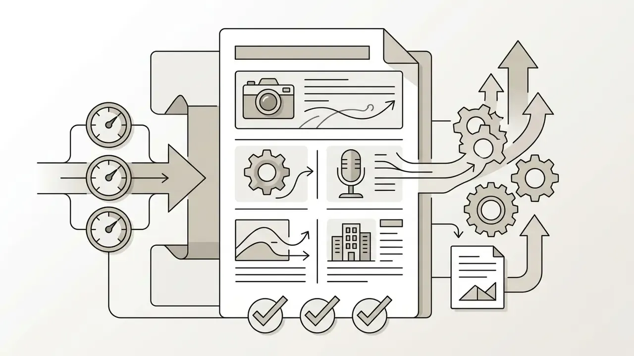 Document with icons for camera, gears, microphone, and buildings processed by gauges and gears