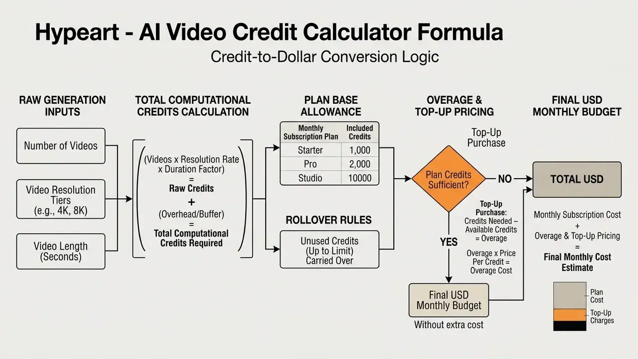 Flowchart mapping raw generation inputs through credit calculations to final monthly budget estimates