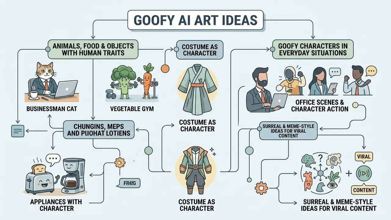 Flowchart displaying creative concepts like anthropomorphic animals, food, costumes, and office scenarios