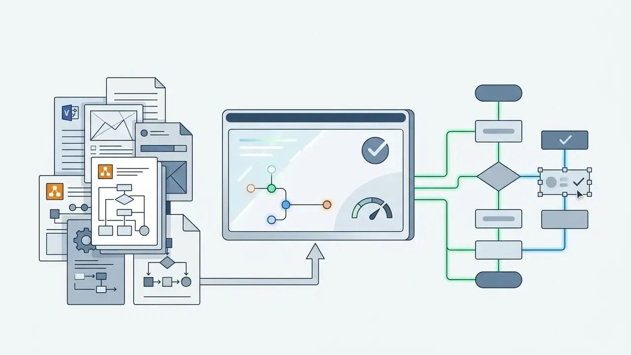 Legacy documents and diagrams feeding into a digital interface that outputs an editable process map