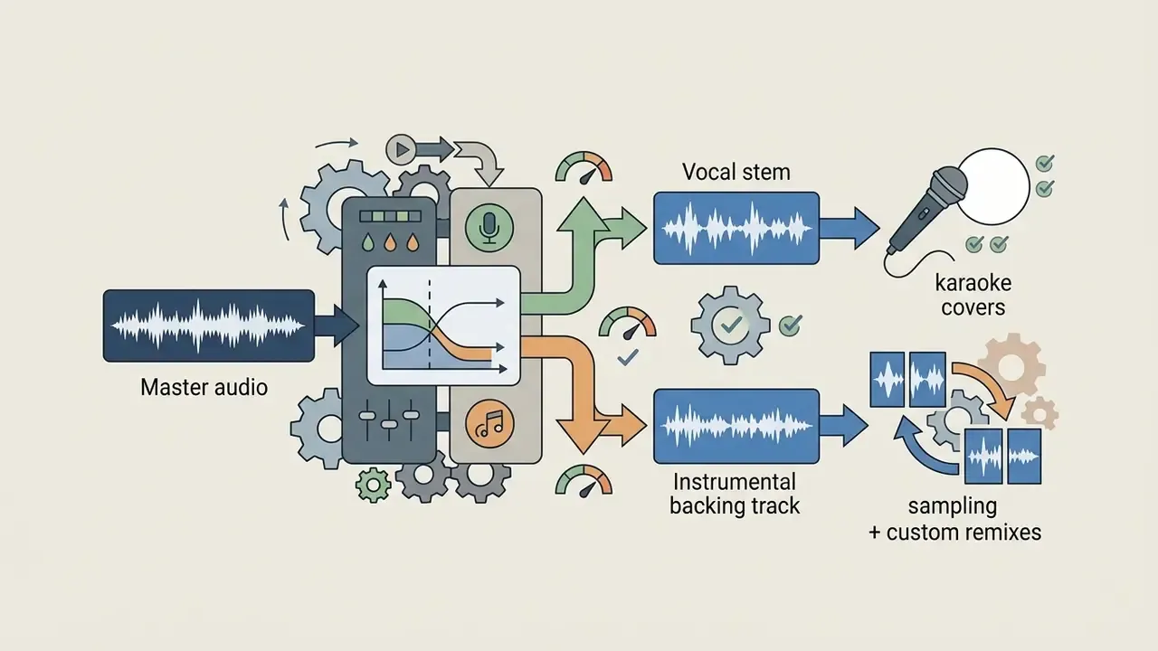 Master audio track splitting into isolated vocal and instrumental stems for remixes and karaoke