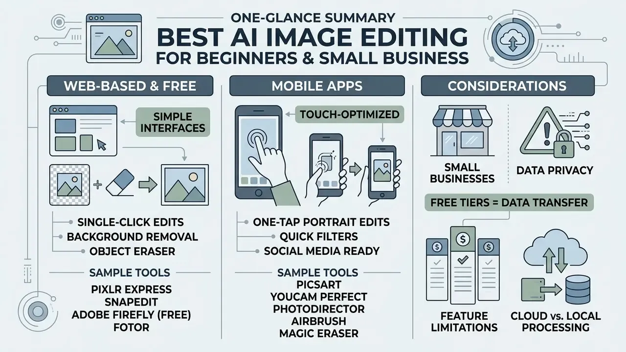 Summary of AI image editing tools for beginners covering web-based apps, mobile features, and considerations