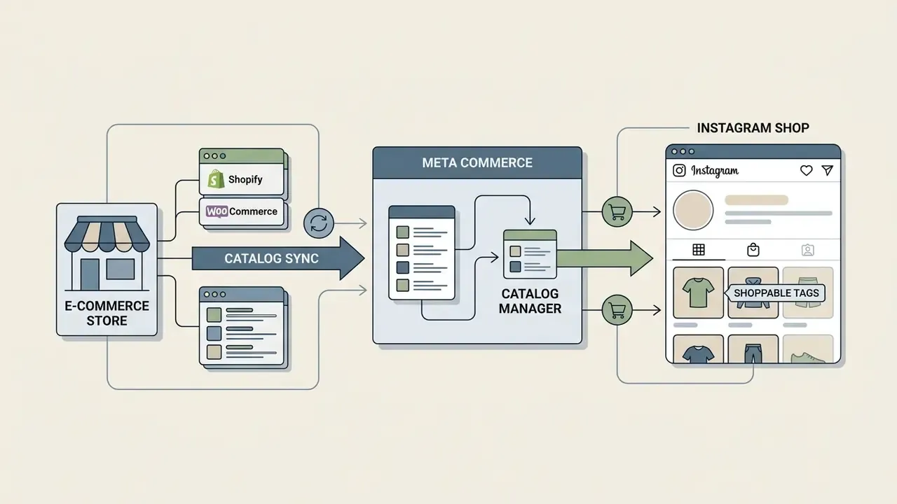 Process showing how e-commerce store product catalogs sync to Meta Commerce for Instagram Shop tags