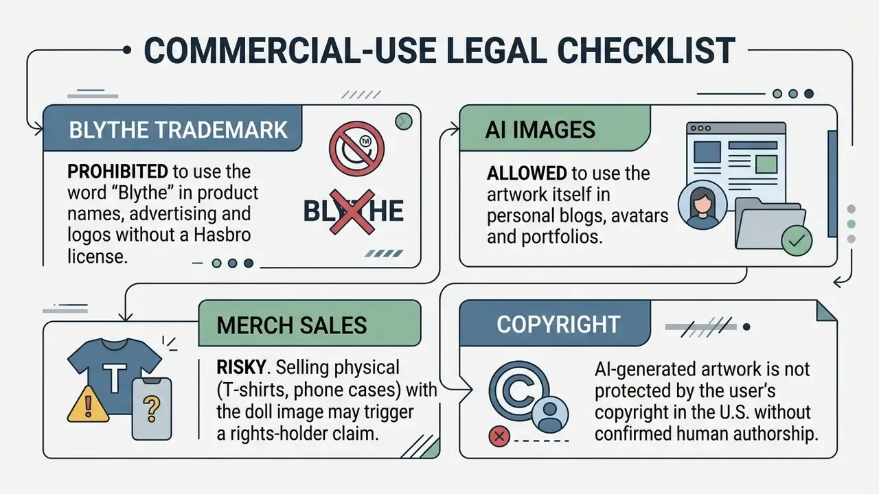 Flowchart outlining legal considerations for doll imagery including trademark, usage, sales, and copyright