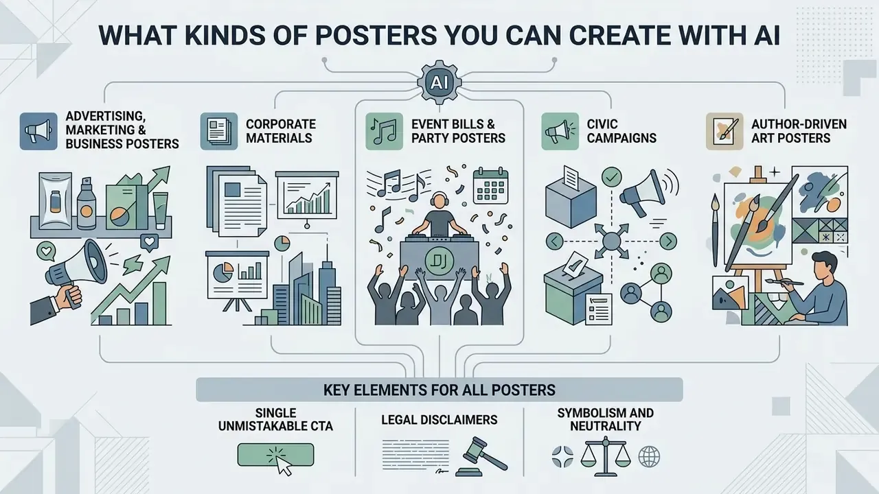 Infographic showing diverse poster categories and key design elements supported by an AI poster generator