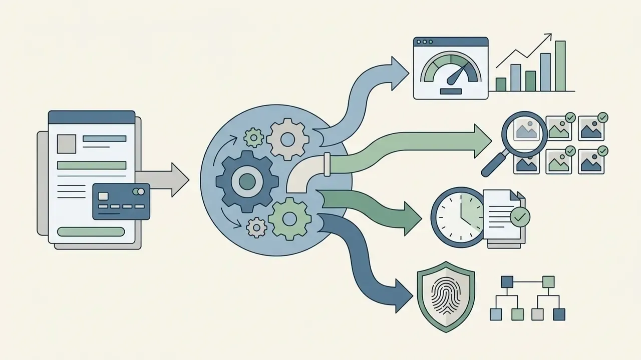 Financial document flowing into a gear mechanism that branches into cost, review, time, and security icons