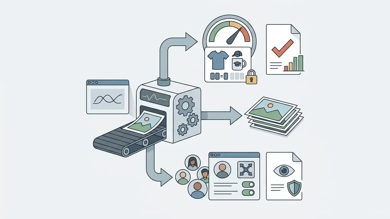 Conveyor belt feeding images into a gear processor to output merchandise designs and user profile data