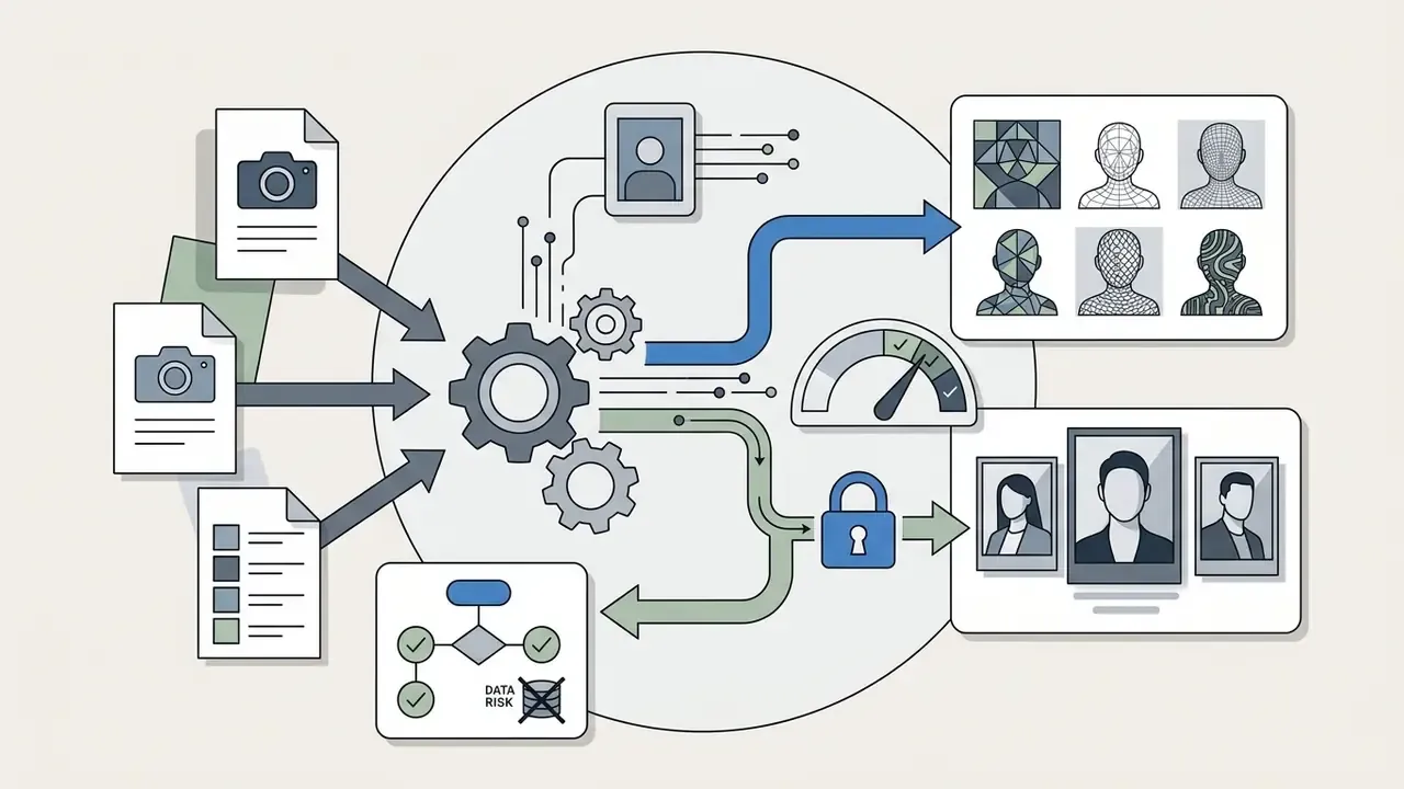 Diagram showing photo inputs being processed into stylized avatars and portraits with security checks