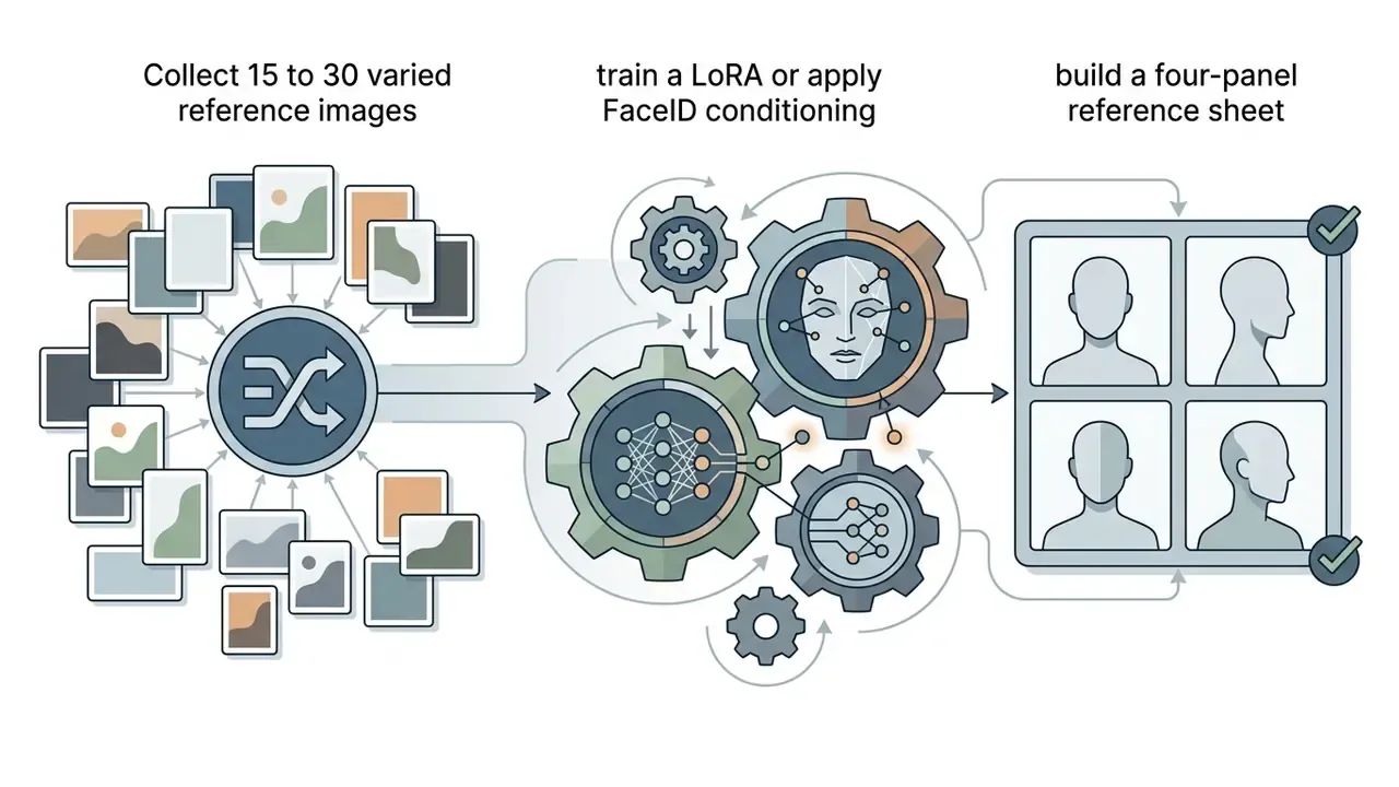 Reference photos feeding into a gear system that processes data to create a four-panel character sheet