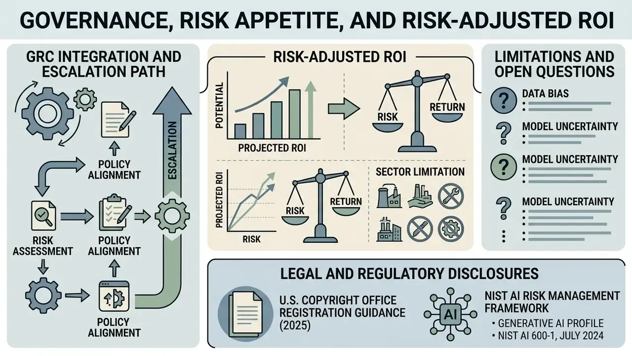 Summary of GRC integration, risk-adjusted ROI metrics, sector limitations, and regulatory frameworks