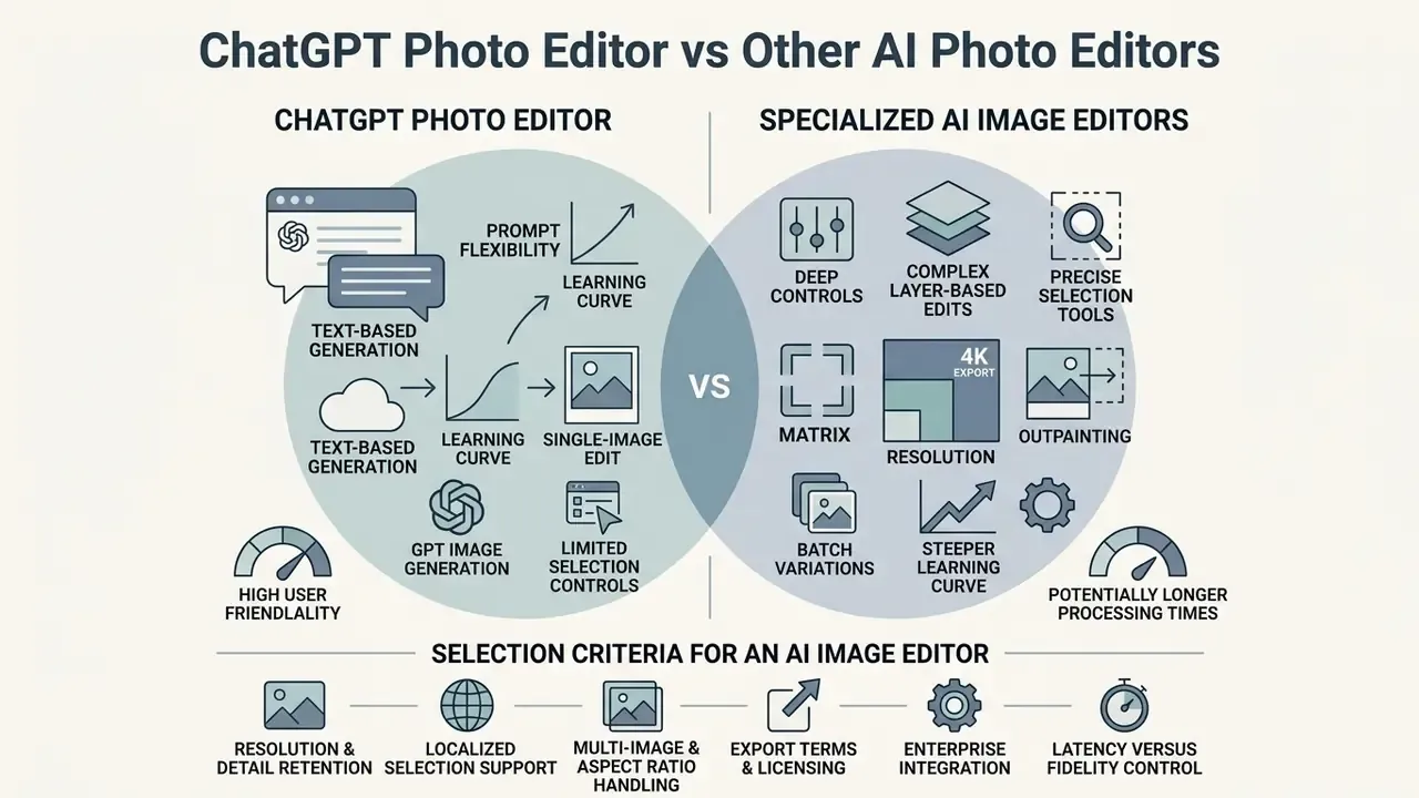 Venn diagram comparing ChatGPT Photo Editor features against specialized AI image editing software tools