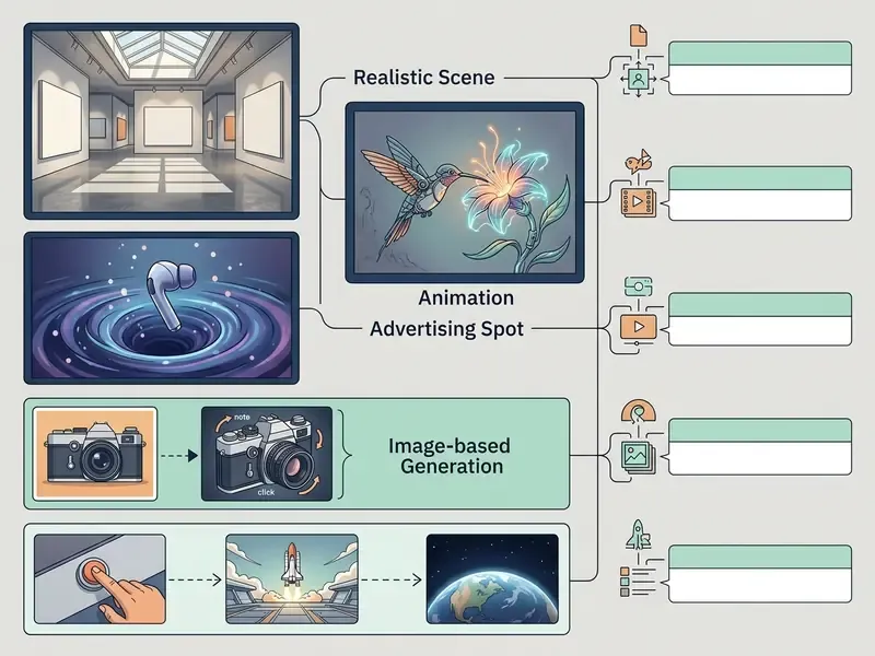 Categorized gallery of OpenAI Sora video generation examples showing diverse visual styles and workflows