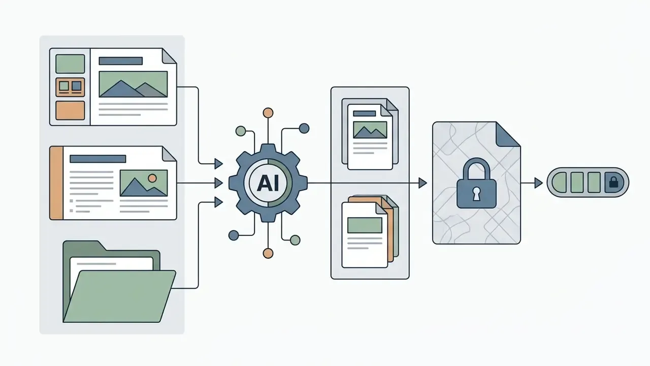 Documents and folders feeding into an AI gear that outputs a locked file and a security status indicator