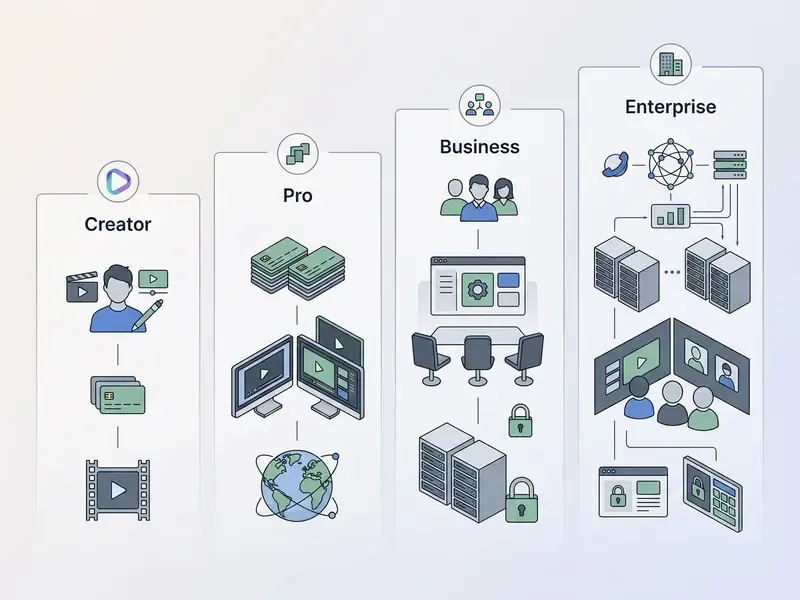 Comparison of HeyGen AI subscription tiers showing increasing features from Creator to Enterprise plans