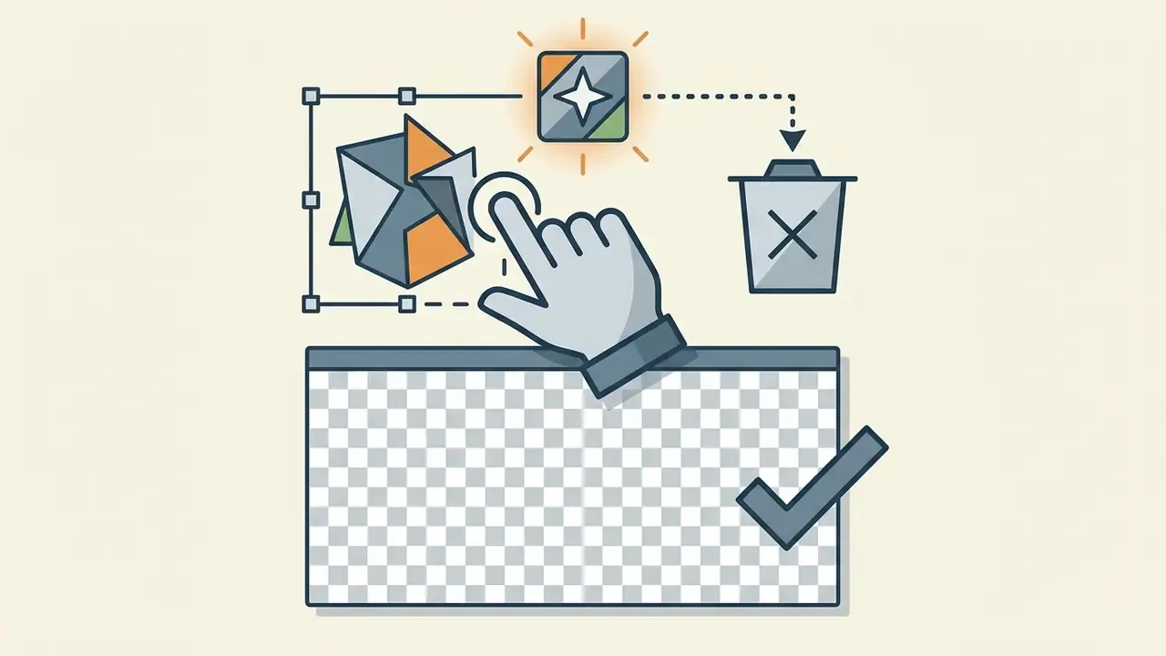 Hand cursor selecting a geometric shape to move it toward a trash icon above a transparent background