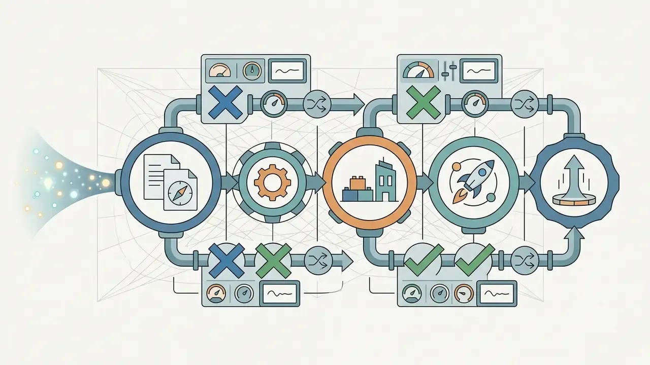 Data stream flowing through gears and processing modules to convert raw inputs into project outcomes