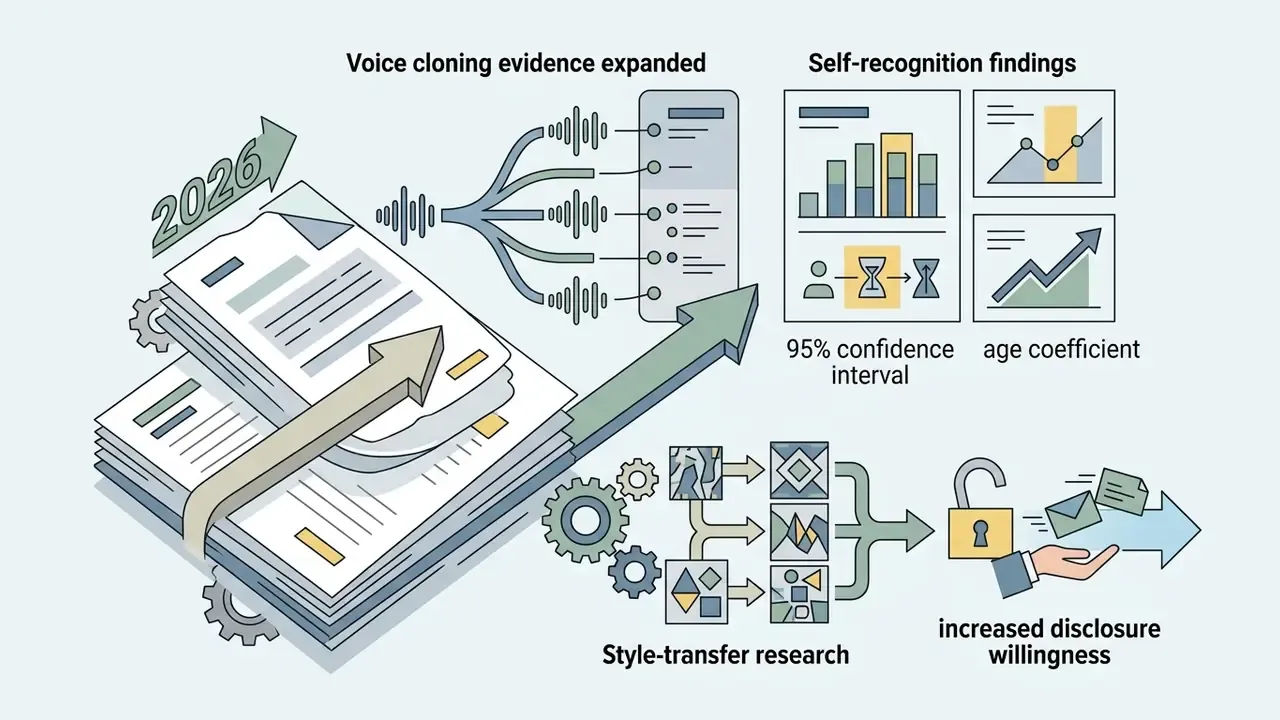 Documents and gears representing research data on voice cloning, self-recognition, and style transfer