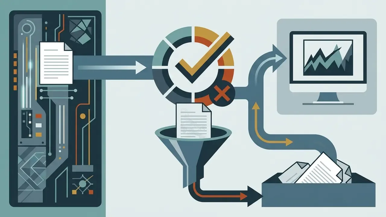Document moving from a server through a checkmark filter into a computer monitor or storage bin