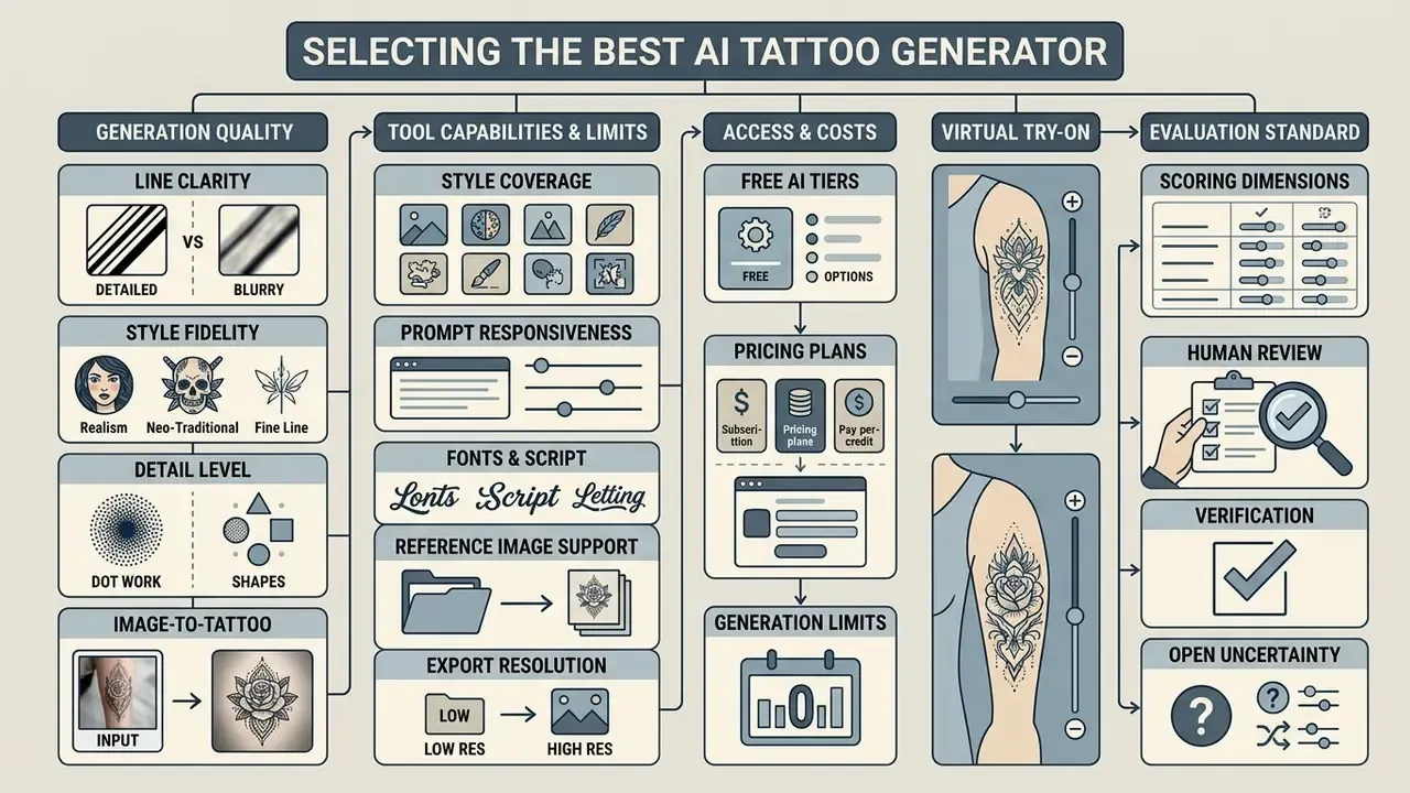 Infographic flowchart detailing criteria for comparing AI tattoo generators including quality and costs