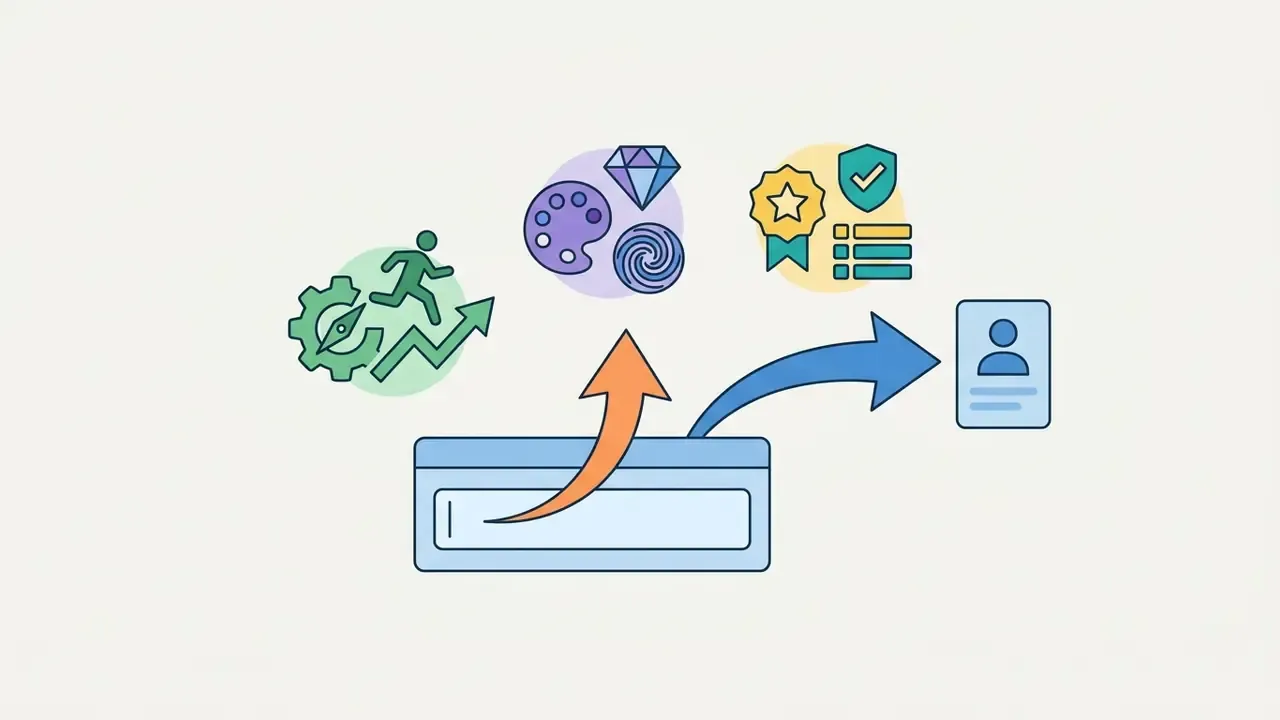 Input box with arrows connecting action, creative, and quality icons to a user profile card
