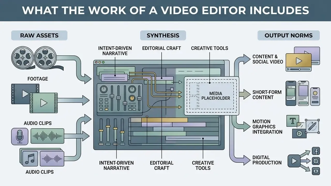 Diagram showing raw footage and audio assets being synthesized into various digital media outputs