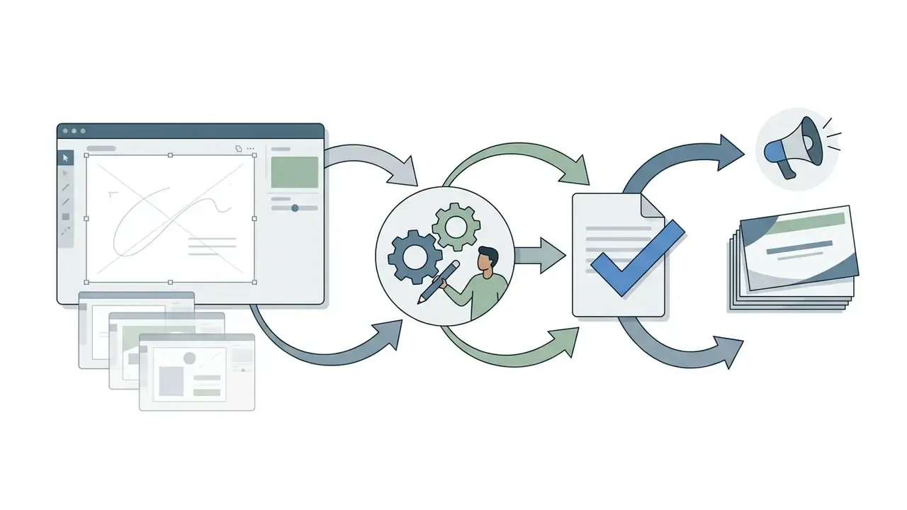 Digital interface drafts flowing through a central design processor into approved documents and distribution
