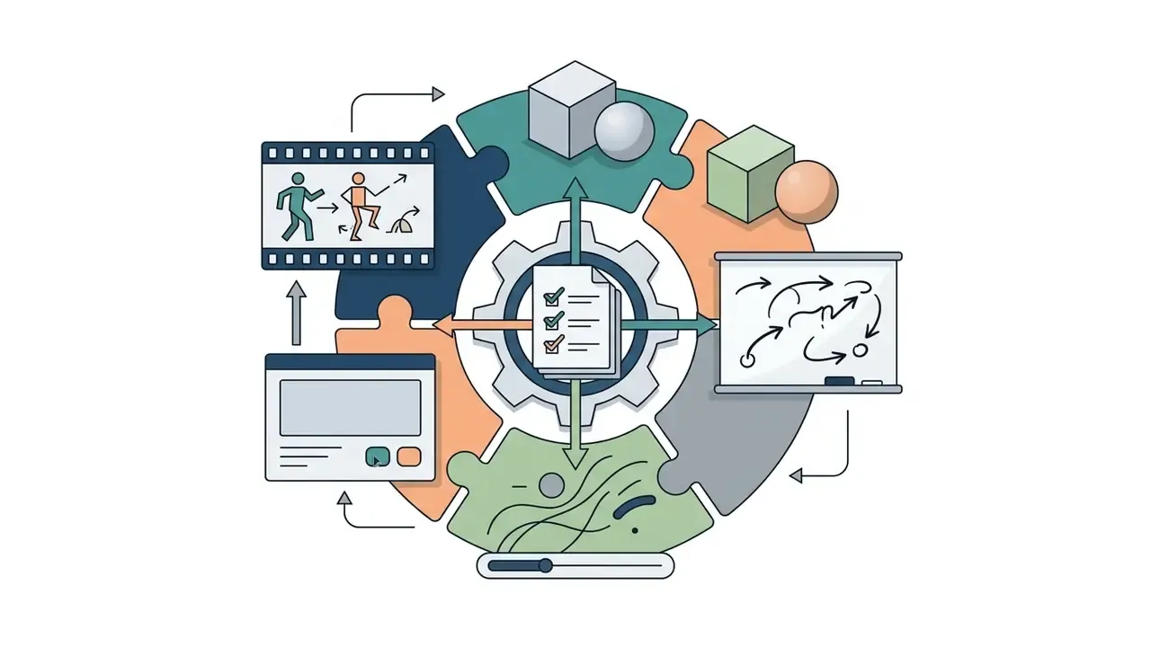 Circular puzzle pieces surrounding a central gear icon representing various animation style options