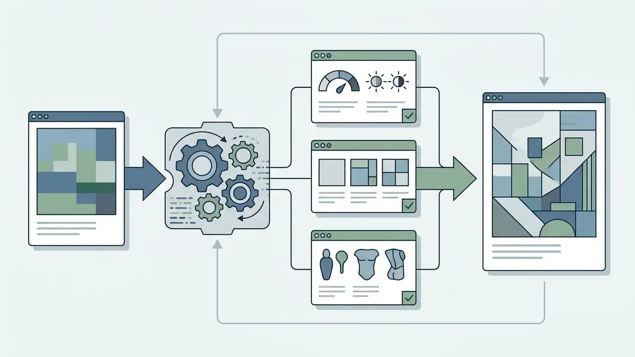 Diagram showing digital art being processed through gear mechanisms into tonal, compositional and anatomical data