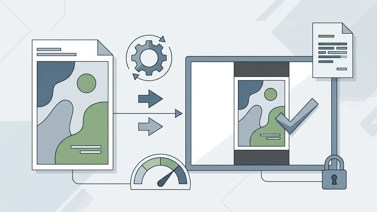 Document being scaled to fit within a frame with a gear icon and a security lock symbol