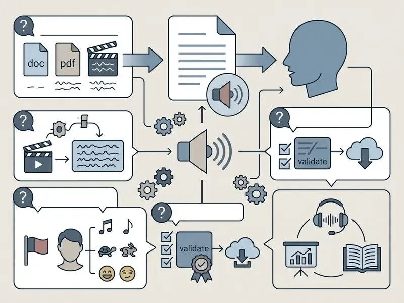 System diagram showing file processing, speech validation, and output distribution across various media