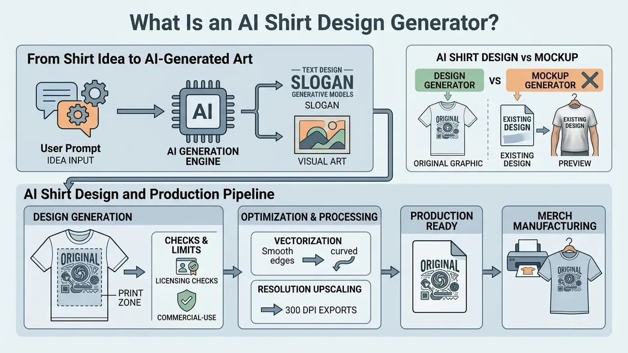 Infographic showing how an AI shirt design generator transforms user prompts into production-ready graphics