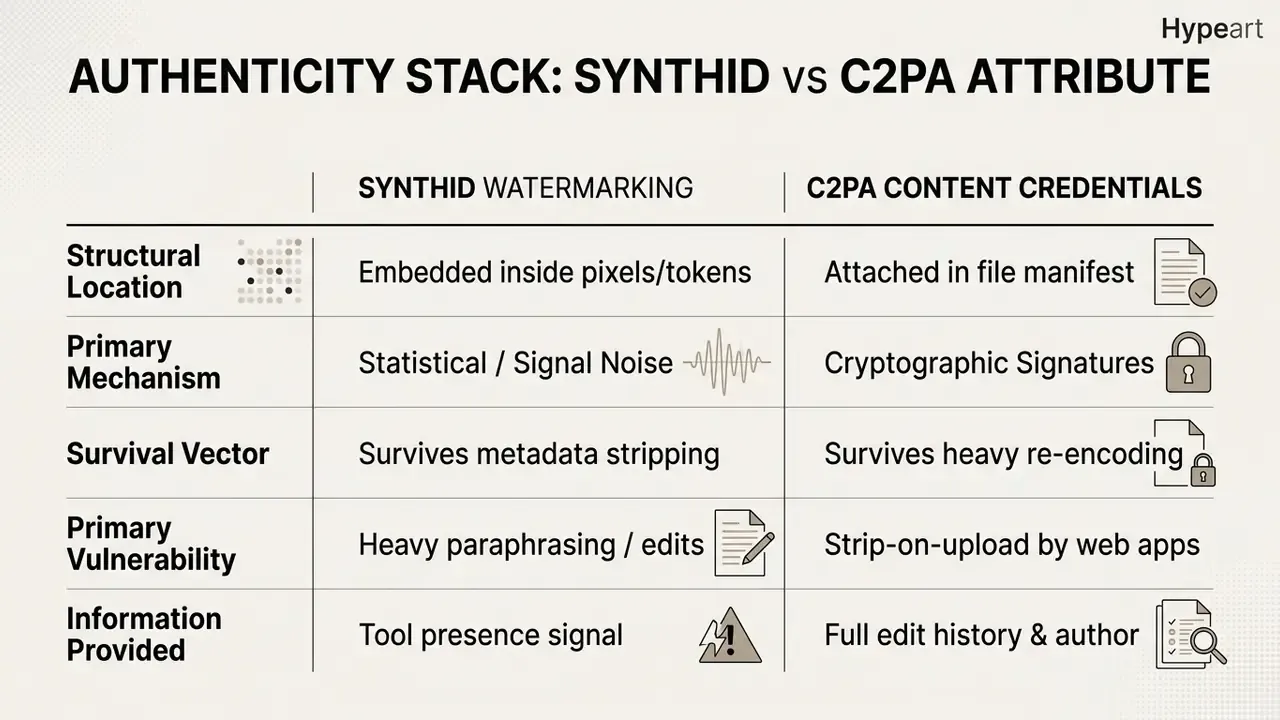 Comparison table contrasting the technical mechanisms and vulnerabilities of SynthID and C2PA credentials