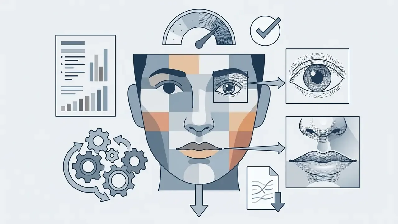 Human face segmented into a grid with callouts highlighting eye and lip detail for digital analysis