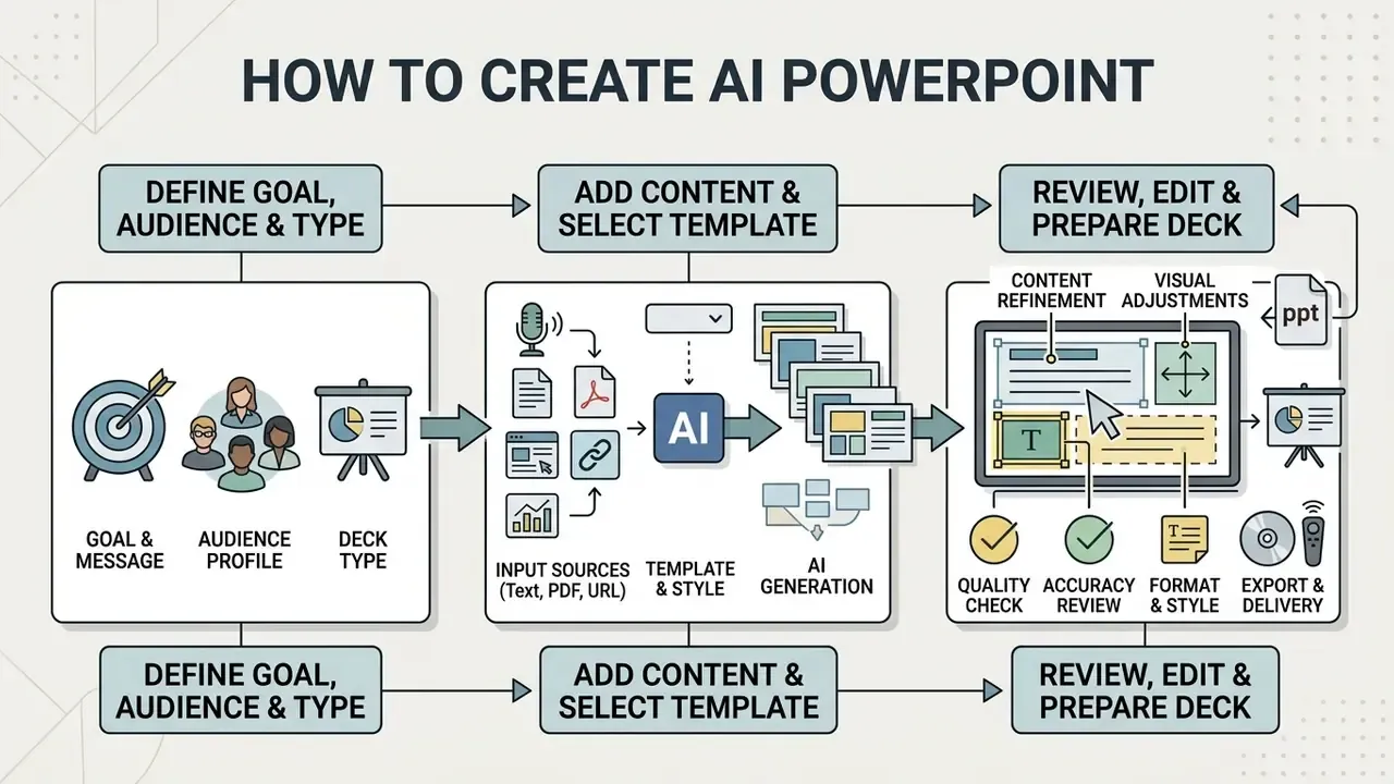 Workflow diagram detailing the three stages of using an ai powerpoint generator to build presentations