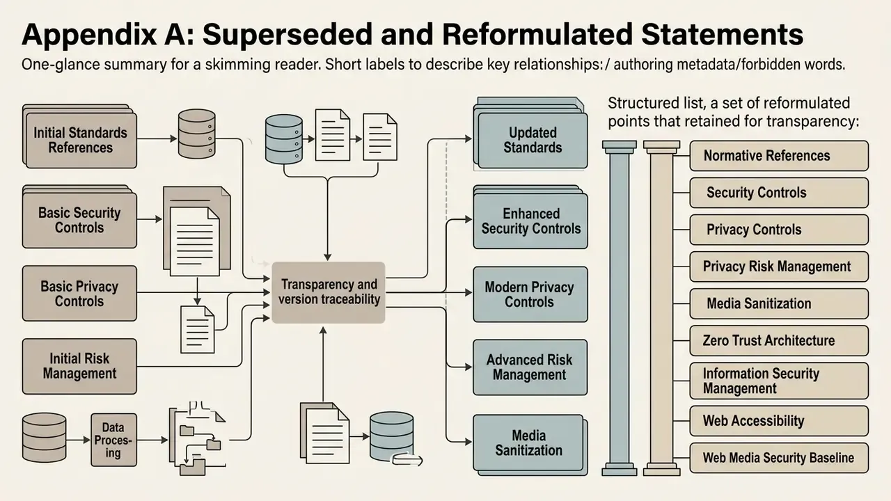 Flowchart mapping initial standards and controls to updated versions for transparency and traceability