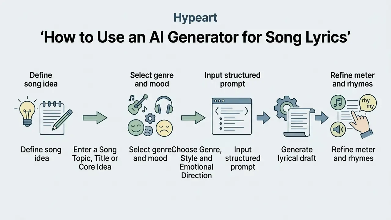 Step by step process showing how to define, prompt, generate, and refine musical composition ideas