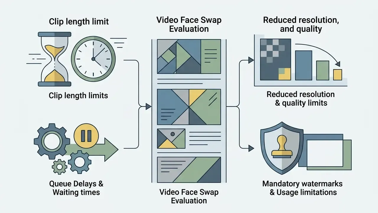 Icons representing common restrictions for free video face swap tools like time limits and watermarks