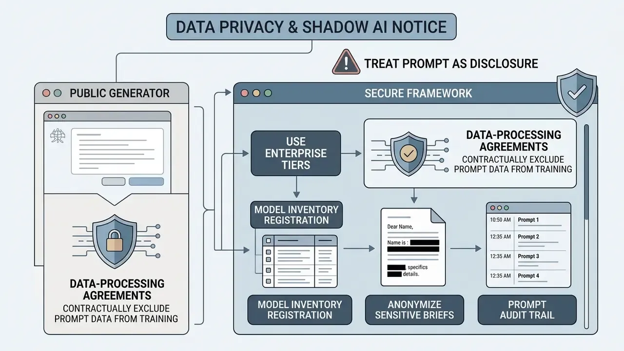 Flowchart comparing public AI generators with a secure framework for managing enterprise data privacy