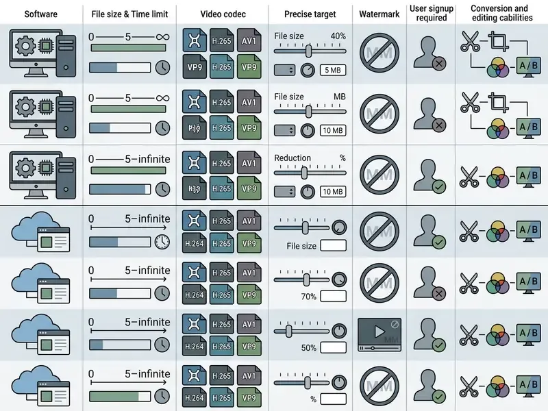 Table comparing desktop and online video compression software features using icons for codecs and limits