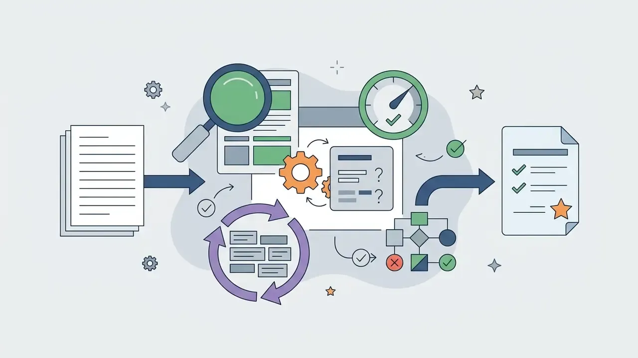 Document being processed through gears, a magnifying glass, and a logic grid to create a final report