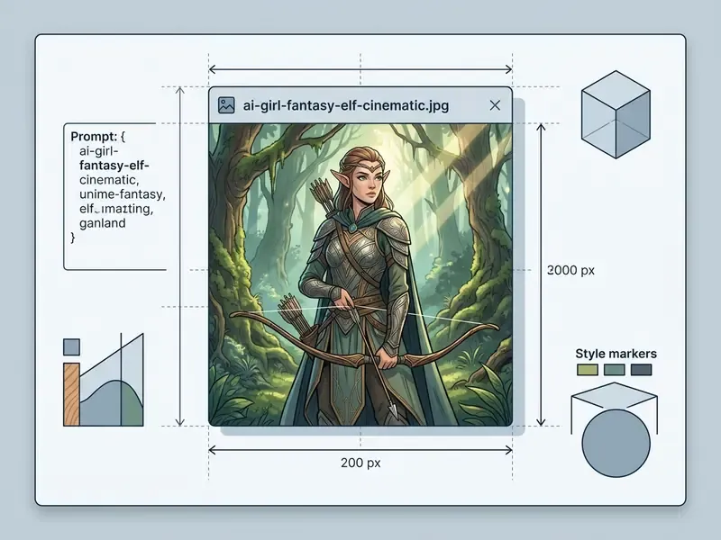 Fantasy elf archer in a forest setting displayed within a digital interface with prompt and style metadata