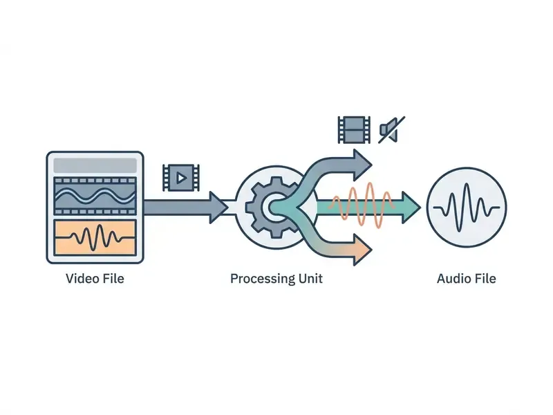 Diagram showing a video file entering a processing unit to separate and extract the audio track