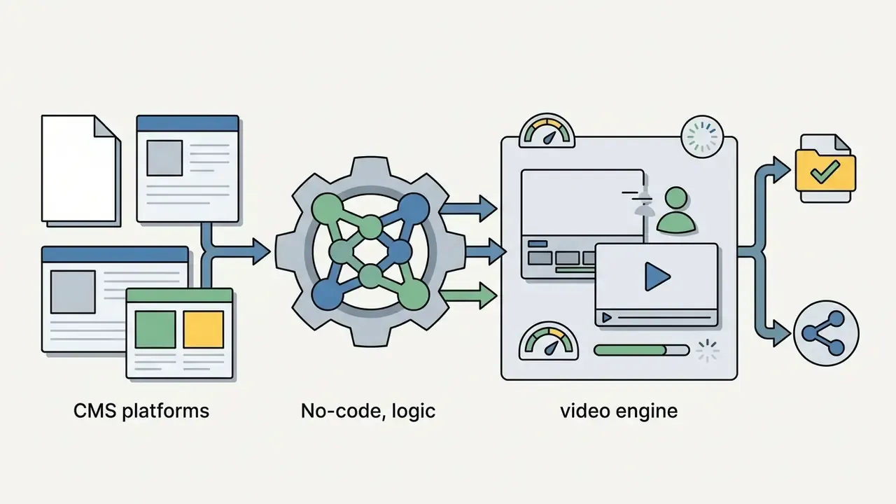 Workflow diagram linking CMS platforms through no-code logic to an automated video engine for distribution