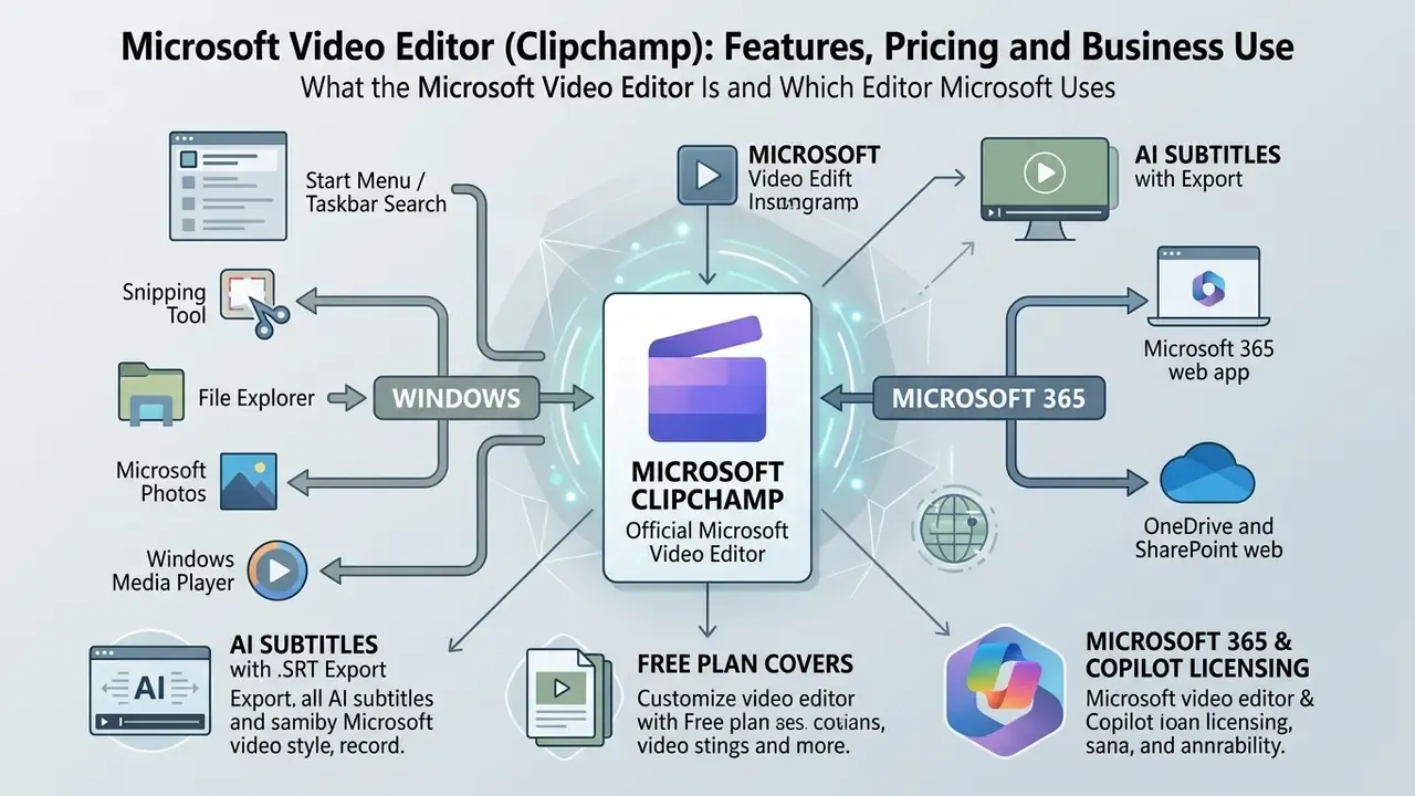 Diagram showing Clipchamp as the central Microsoft video editor connected to Windows and Microsoft 365 apps