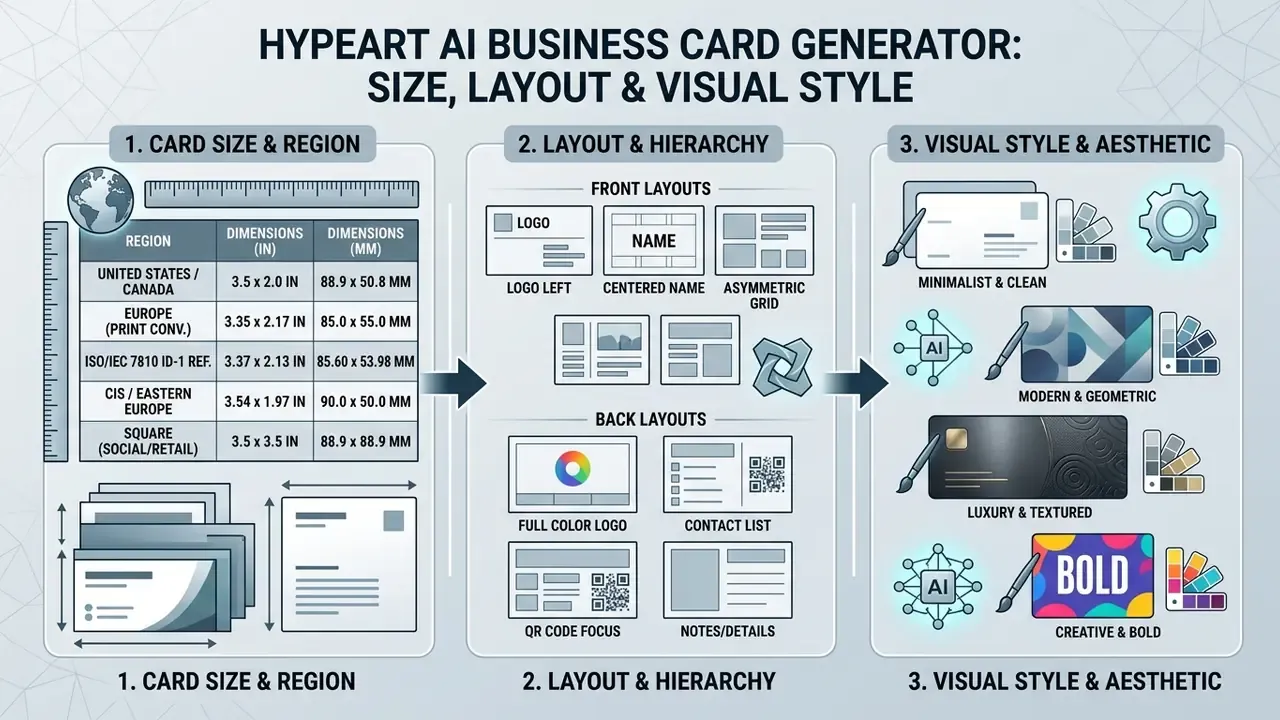 Diagram detailing business card dimensions by region, layout options, and various visual design aesthetics