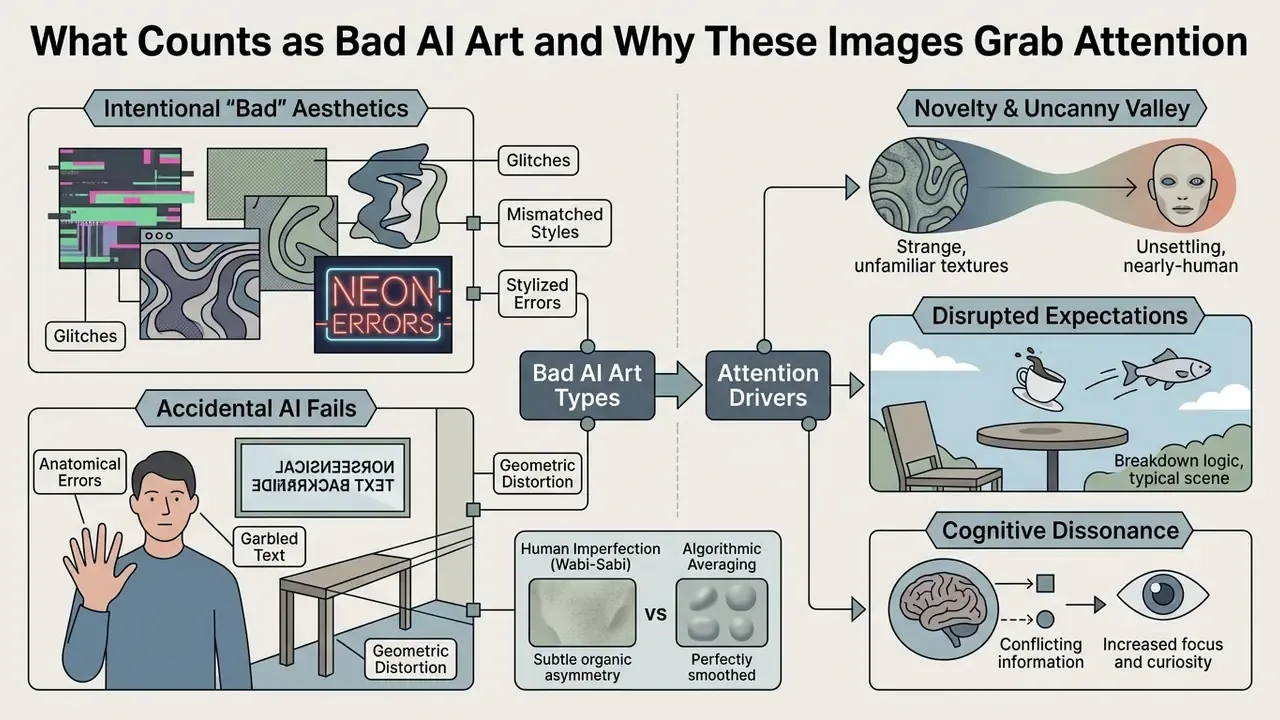 Infographic mapping categories of bad AI art and the psychological drivers that capture human attention