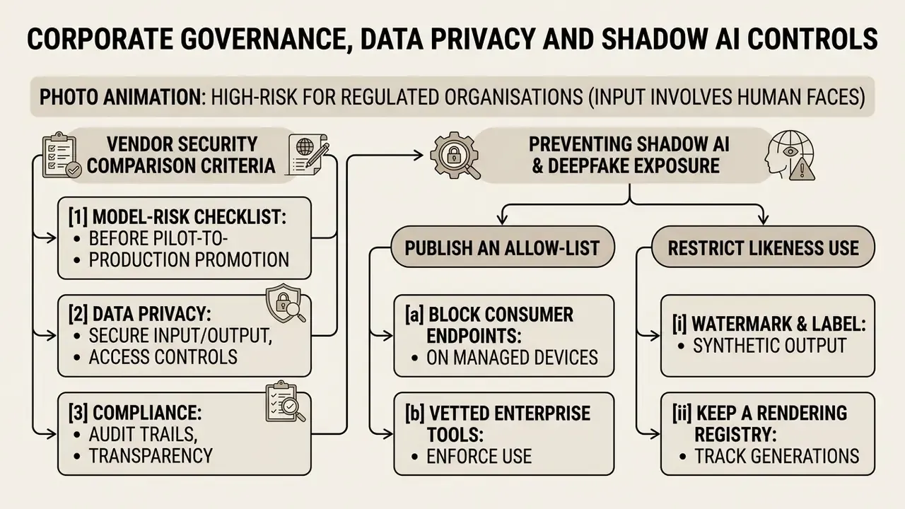 Flowchart outlining security criteria and risk mitigation strategies for managing synthetic media tools