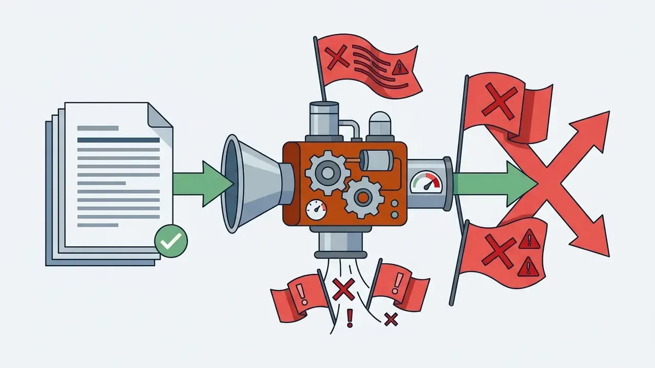 Verified text enters a gear mechanism that flags inconsistencies with red warning icons and crossed arrows